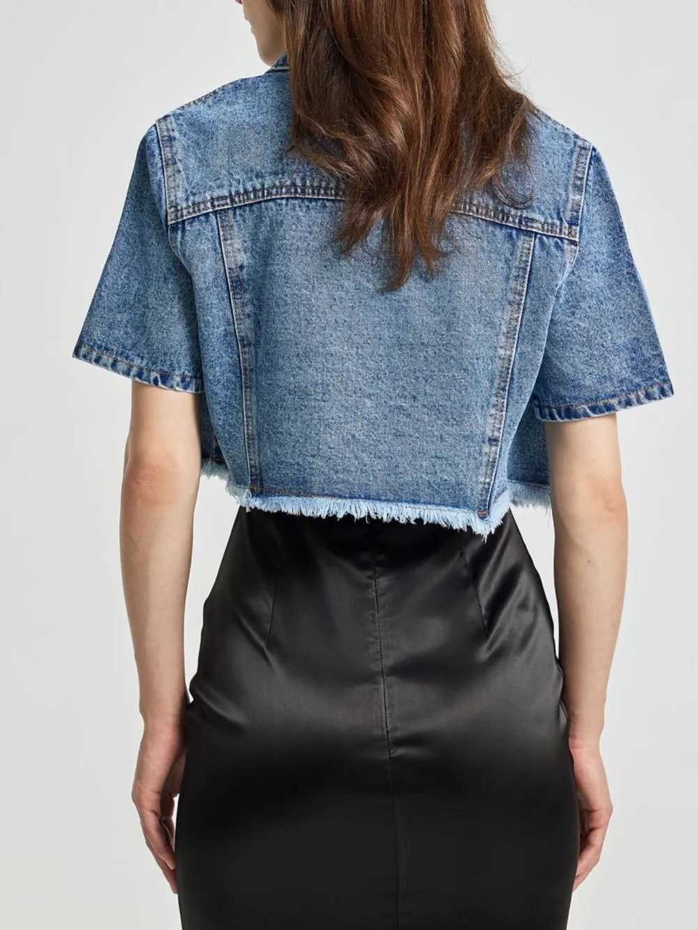 Cropped Short Sleeve Denim Jacket with Frayed Hem, image 10