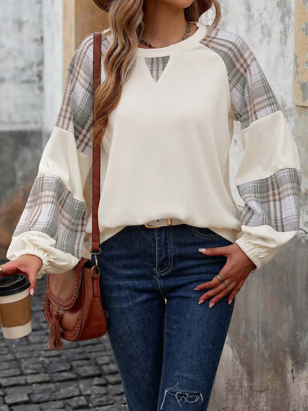 Plaid Round Neck Long Sleeve Sweatshirt, image 5