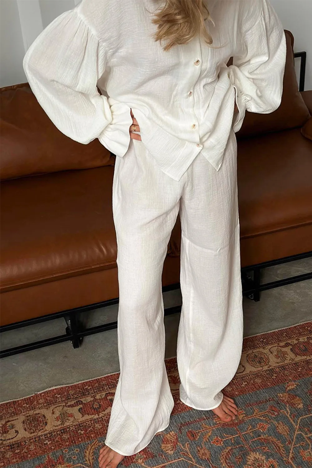 Breathable Ruffled V-Neck Long Sleeve Top and Pants Set, image 2