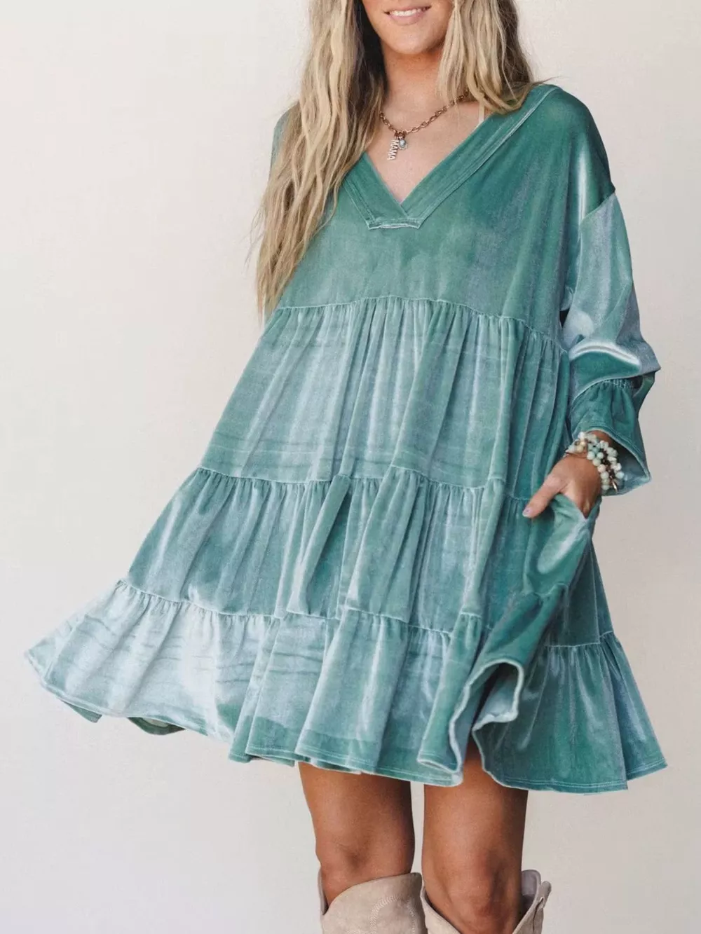 Velvet Tiered Mini Dress with Balloon Sleeves, image 6