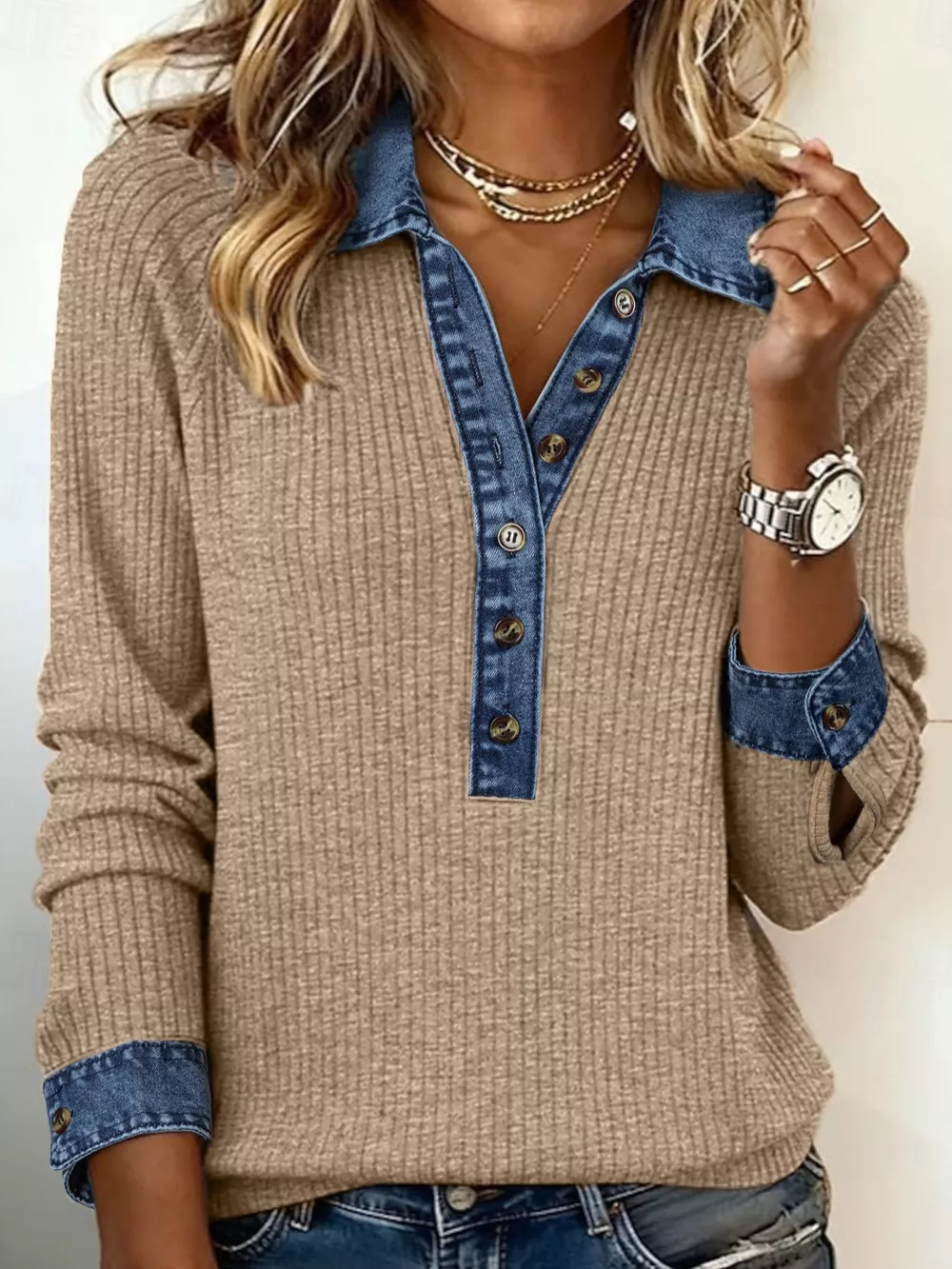 Ribbed Knit Denim Trim Button Detail Top