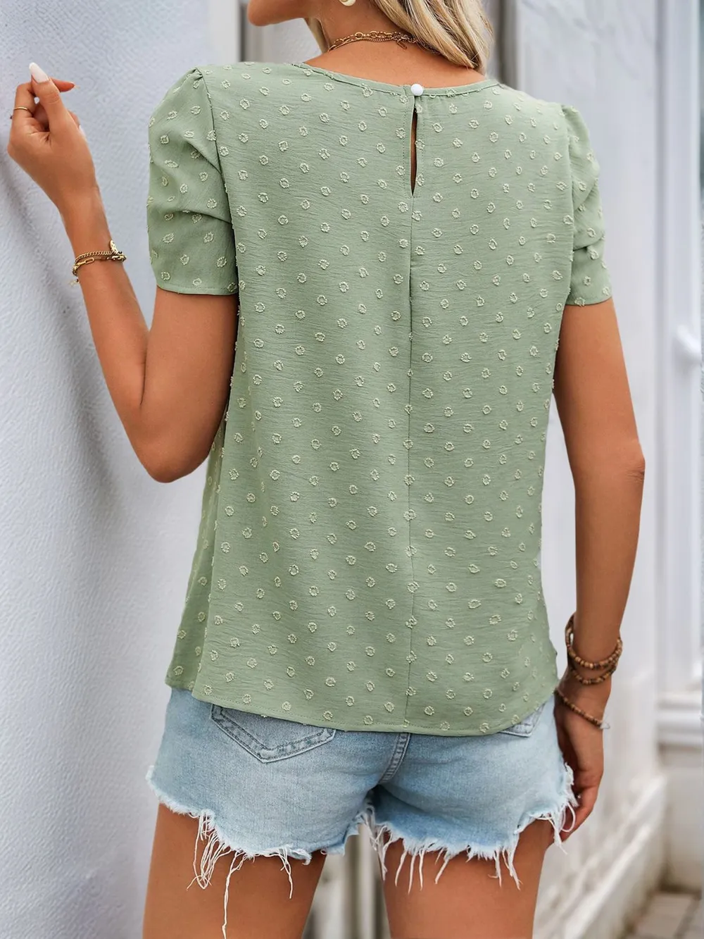 Swiss Dot Round Neck Petal Sleeve Blouse, image 8