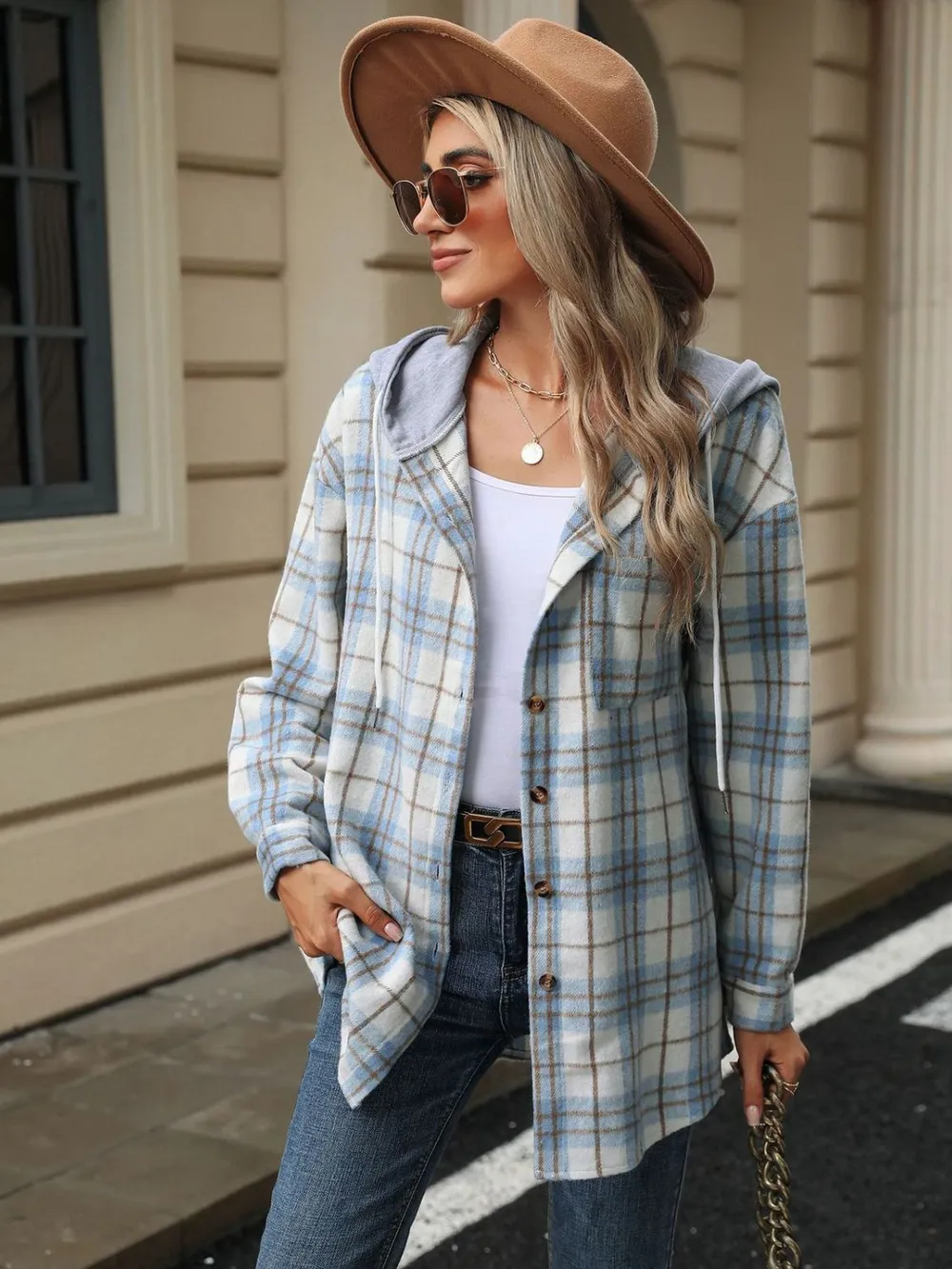 Drawstring Plaid Button Up Hooded Jacket, image 15