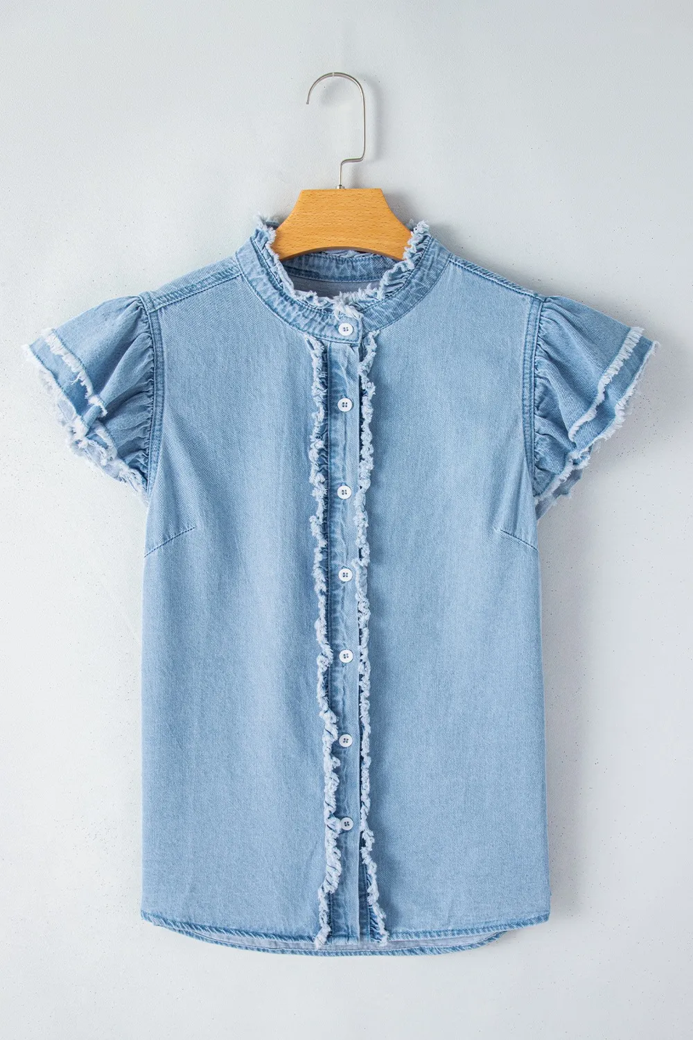 Button Down Raw Hem Ruffled Denim Shirt, image 15