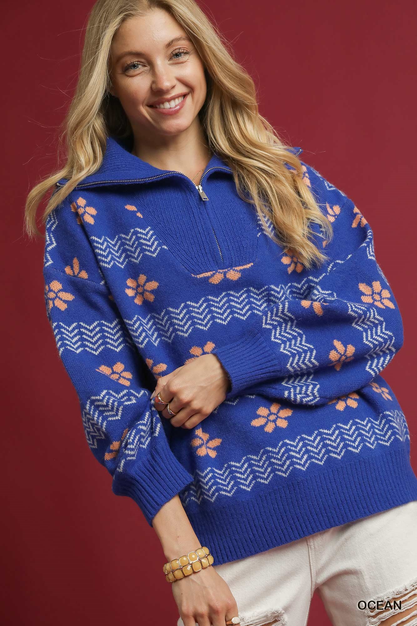 Floral Patterned Jacquard Quarter-Zip Pullover Sweater, image 6