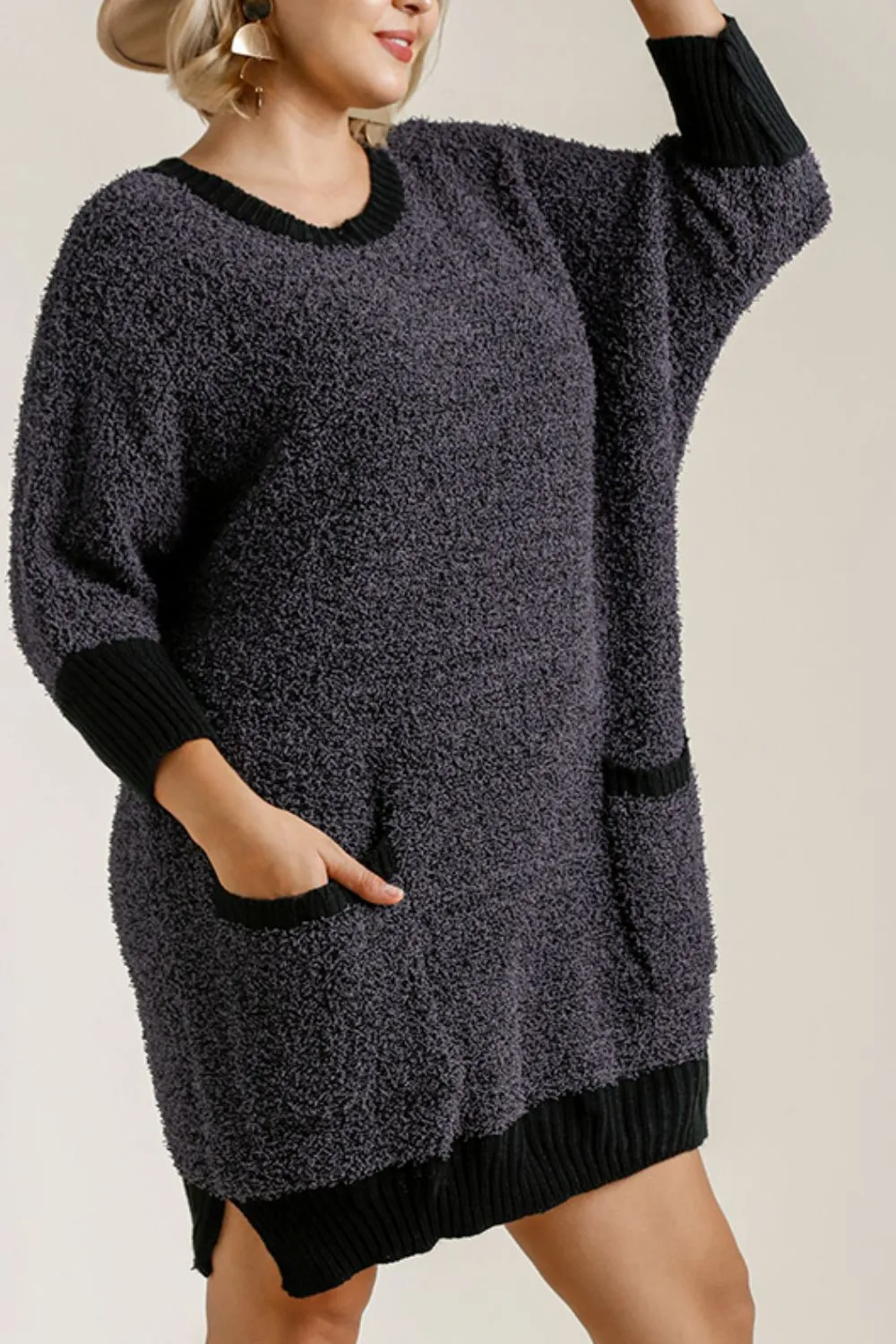 Full Size Ribbed Hem Round Neck 3/4 Sleeve Sweater Dress with Pockets Plus Size, image 5