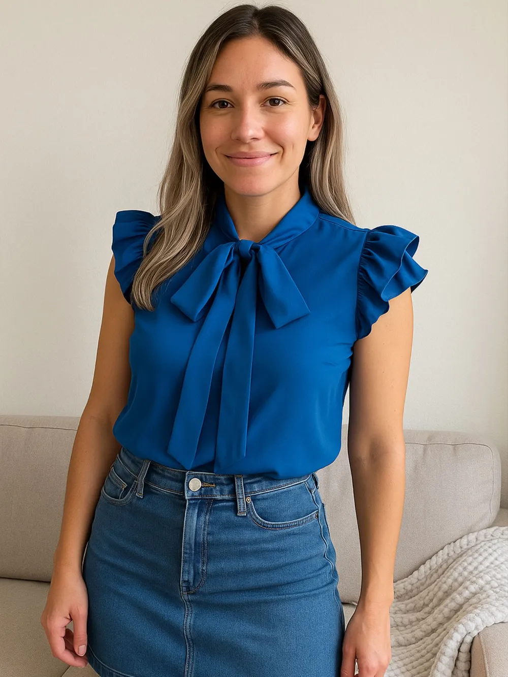Ruffle Cap Sleeve Bow Tie Blouse, image 2