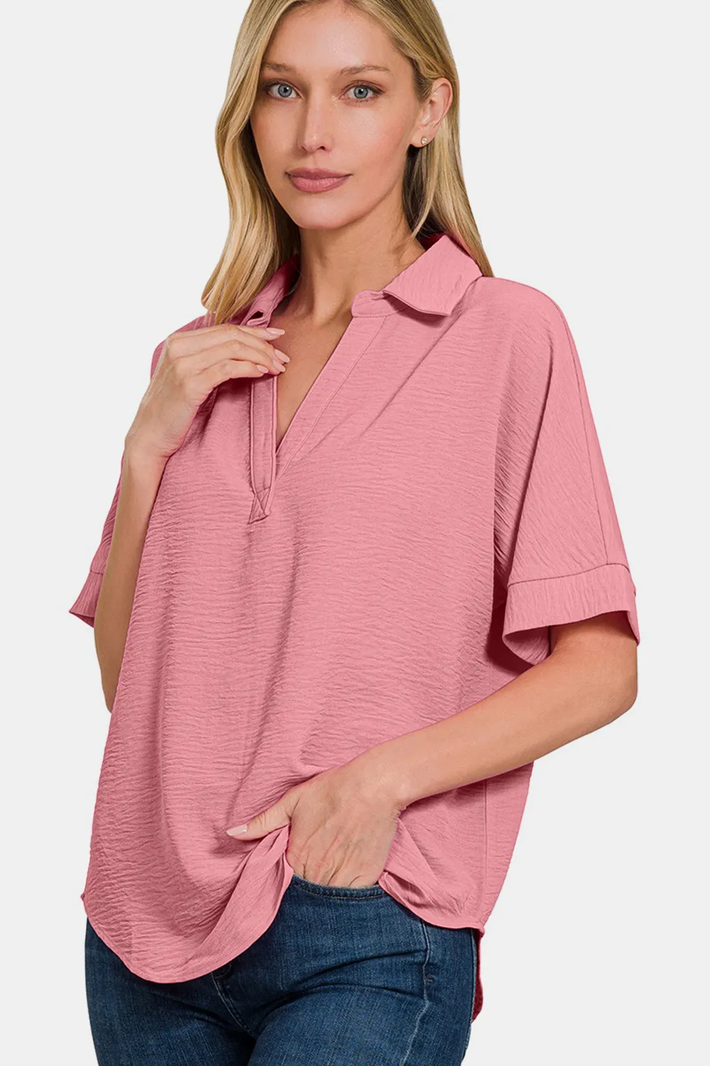Texture Collared Neck Short Sleeve Top, image 3