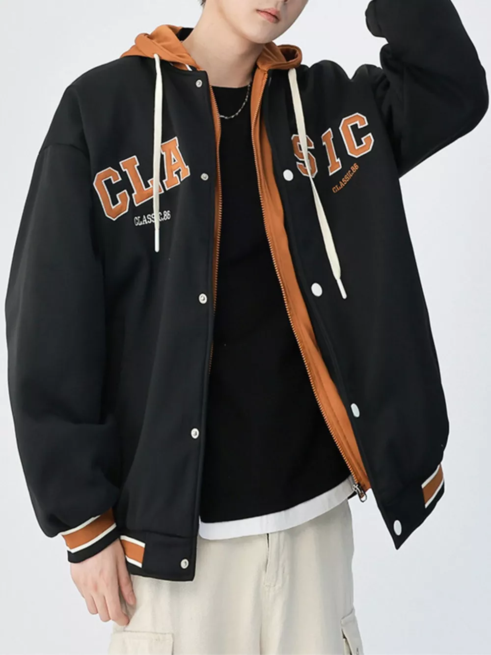 Men's Plus Size Snap Down Long Sleeve Drawstring Hooded Jacket, image 2