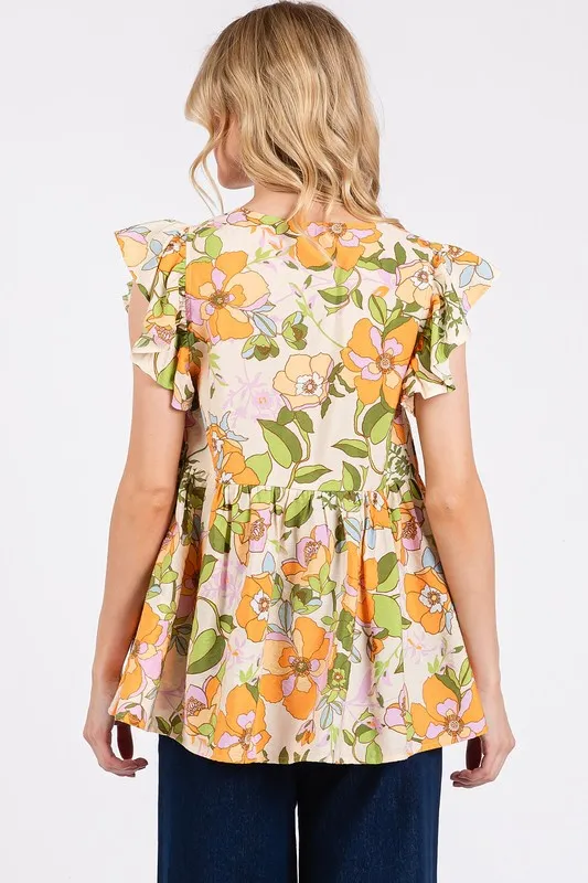 Floral V-Neck Ruffled Cap Sleeve Blouse, image 4