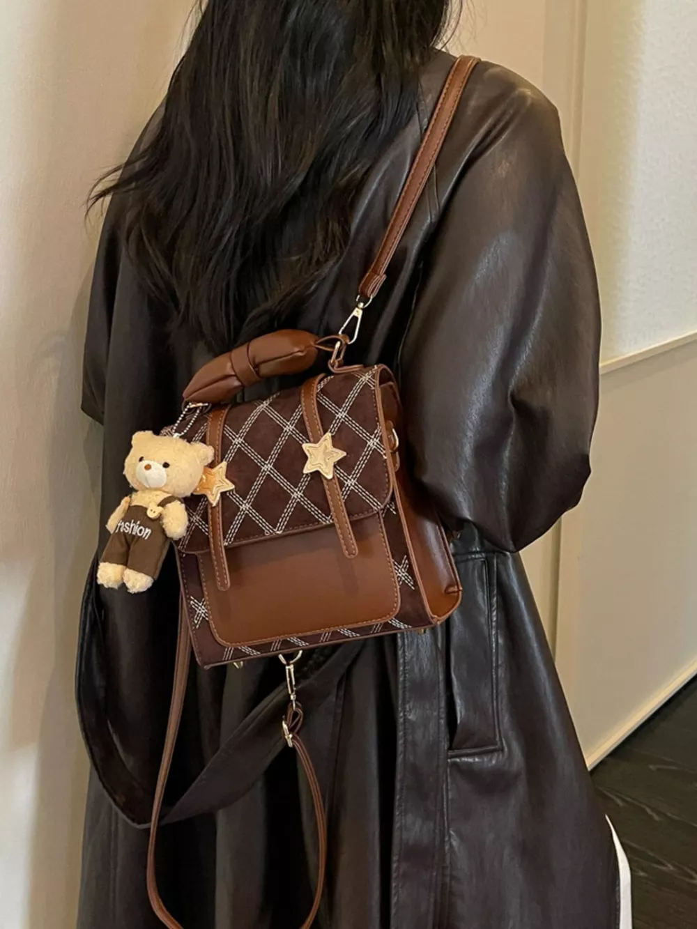 Vintage Diamond Pattern Backpack Bag, image 5