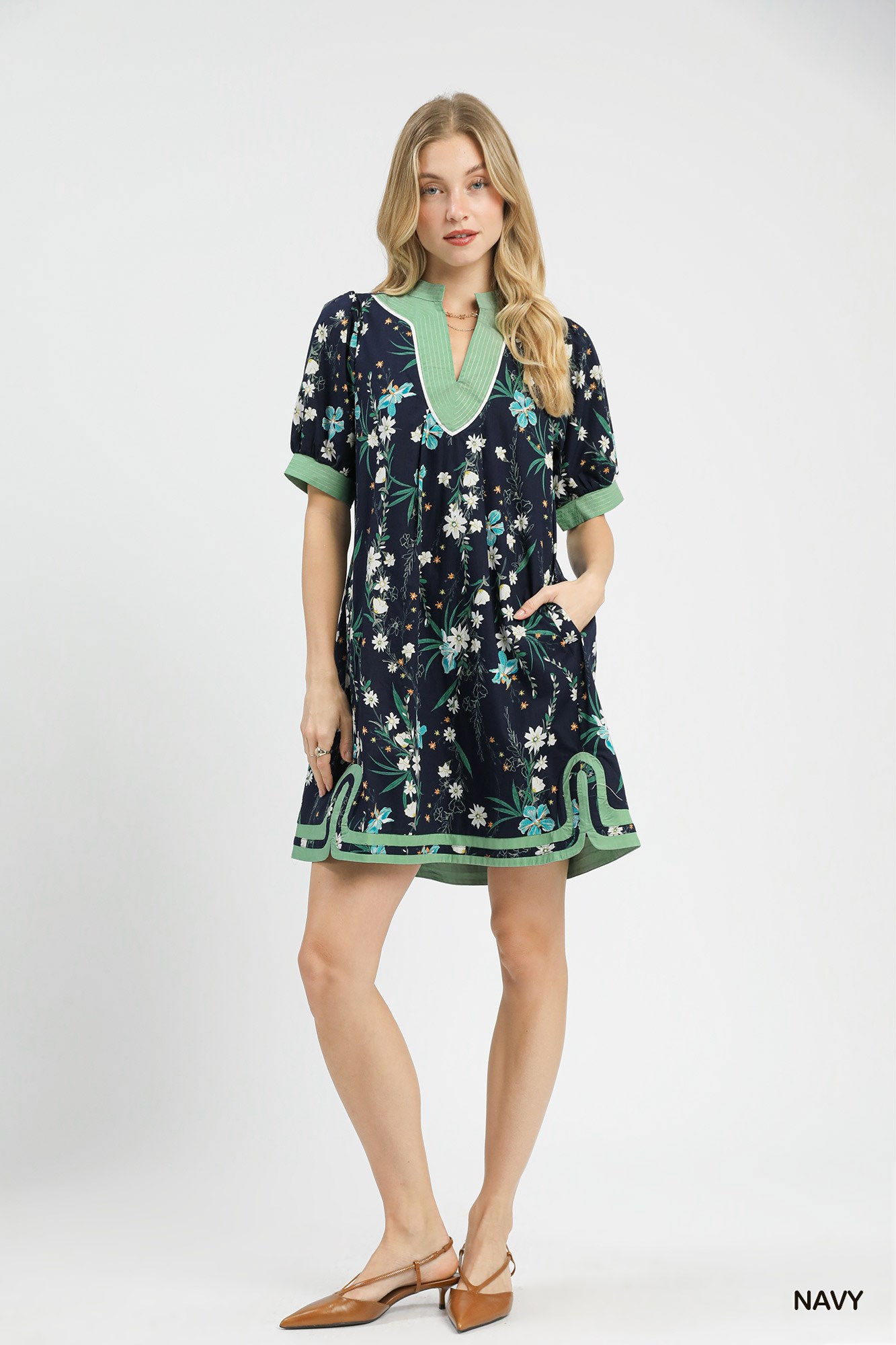 Floral Puff Sleeve Dress with Contrast Trim, image 4