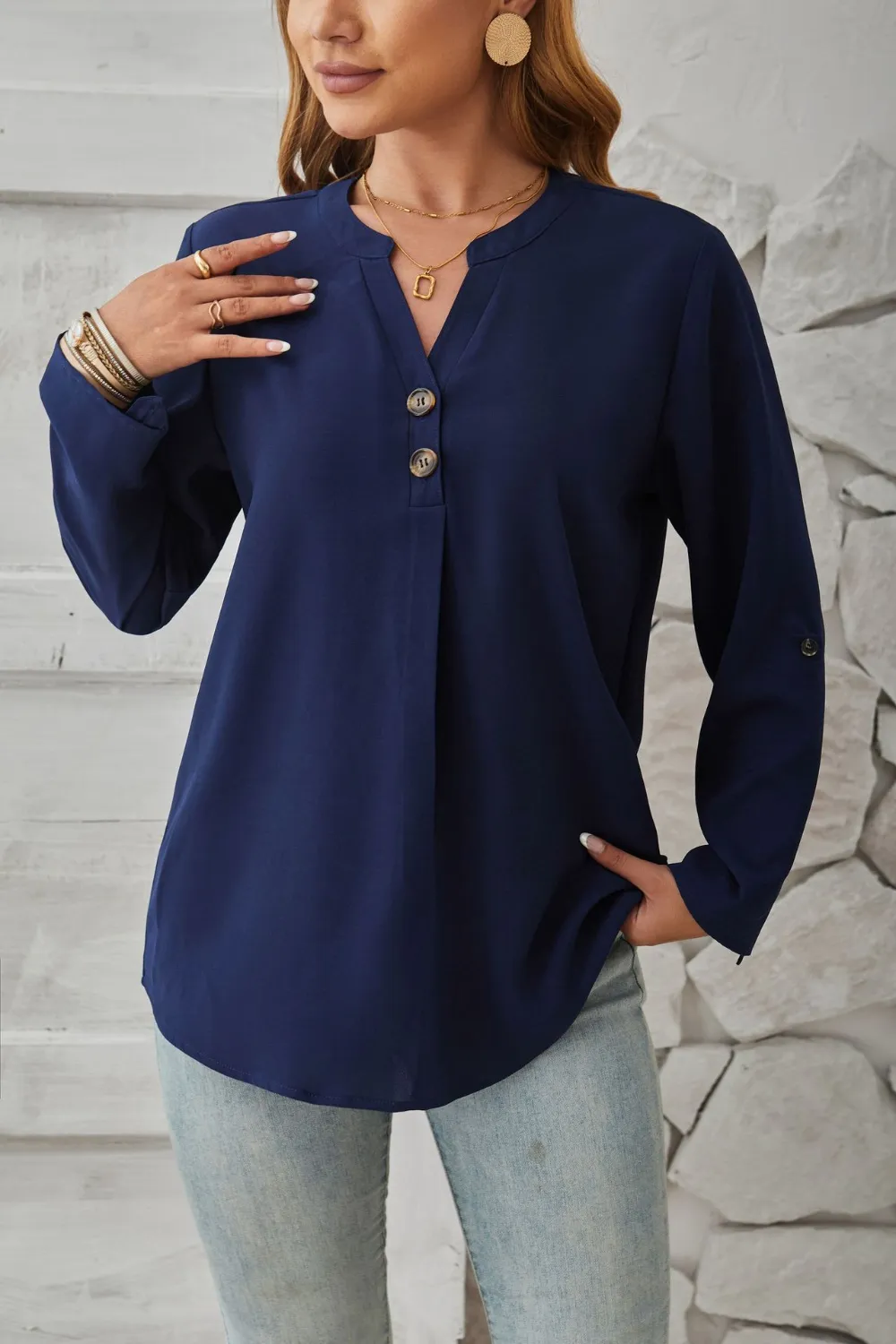 Decorative Button Notched Long Sleeve Blouse, image 5