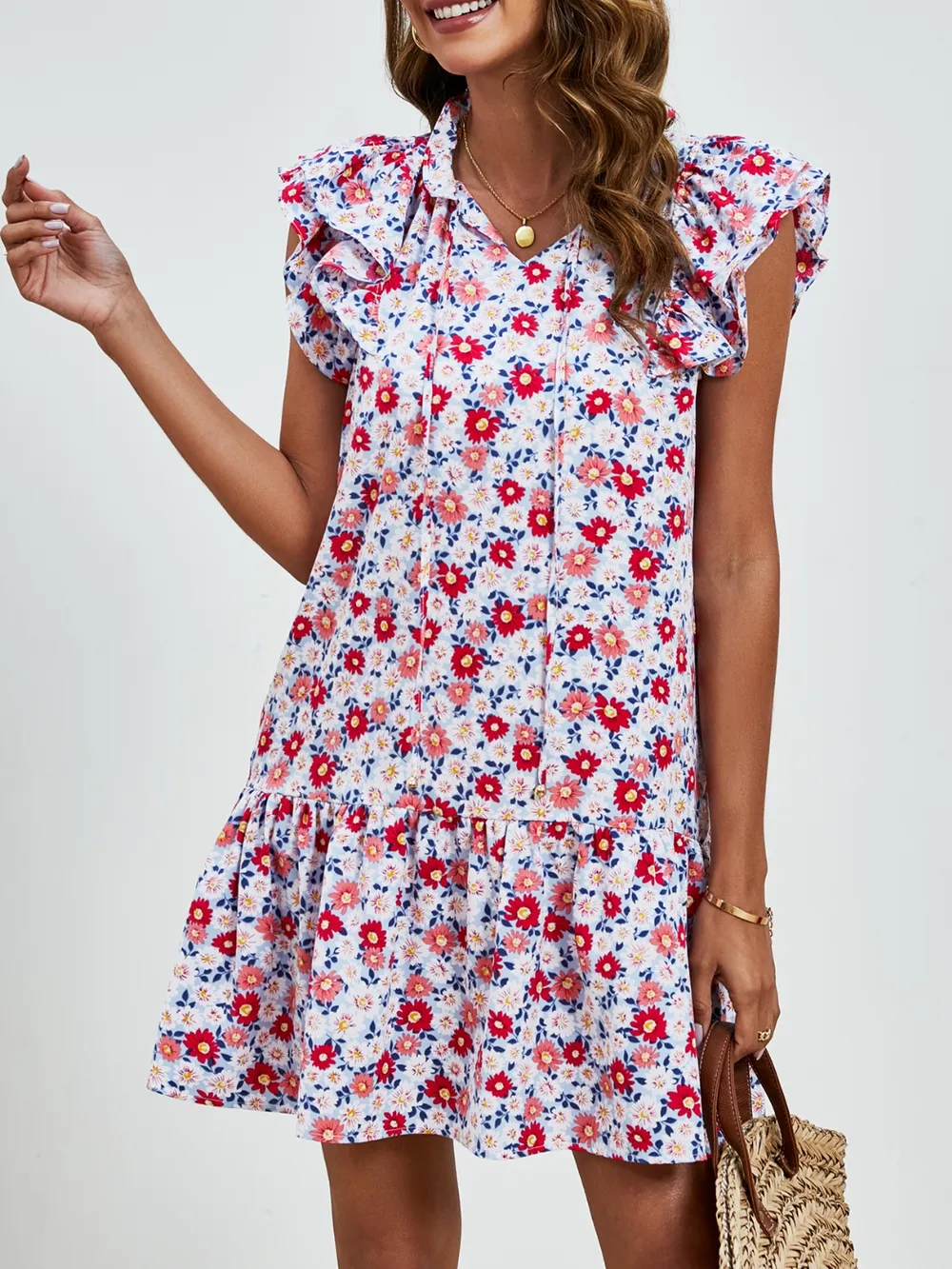 Tied Floral Cap Sleeve Mini Dress, image 2