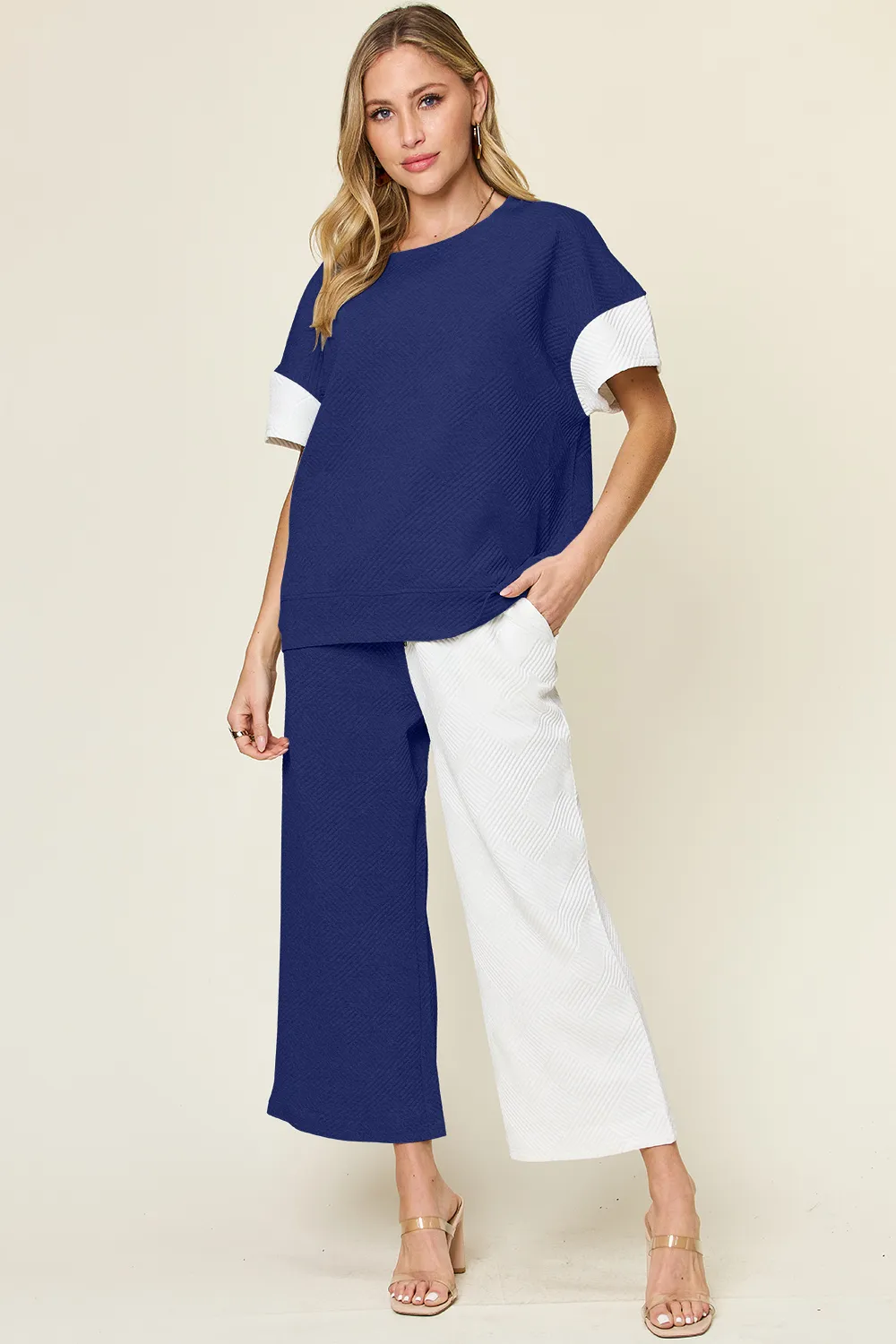Full Size Texture Contrast T-Shirt and Wide Leg Pants Set, image 17