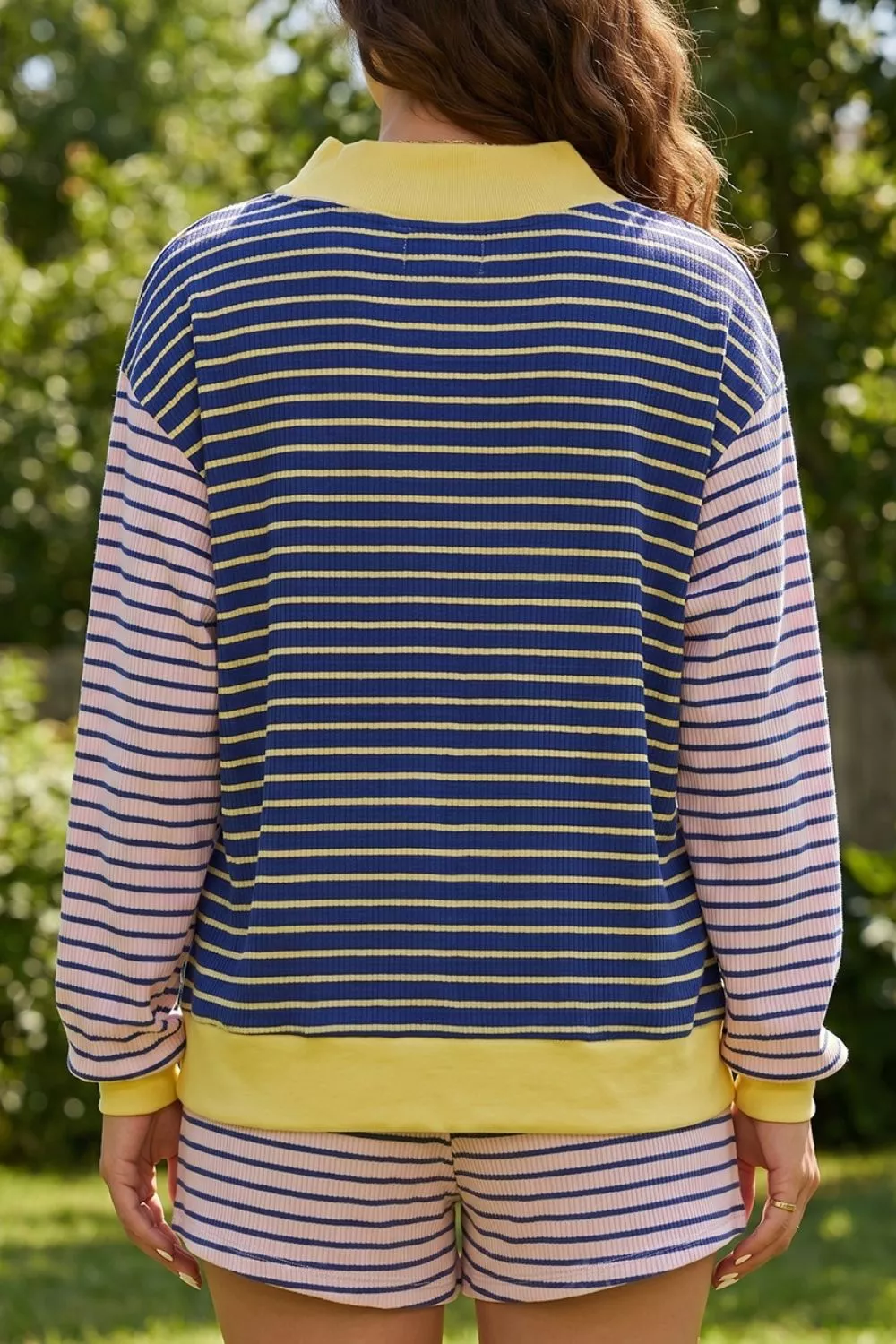Stripe Color Block Long Sleeve Pullover Ribbed Knit Casual Shorts Set, image 5