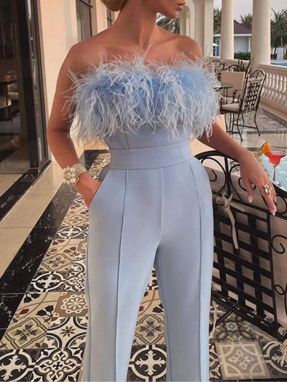 Feather Trim Strapless Wide-Leg Jumpsuit, image 5