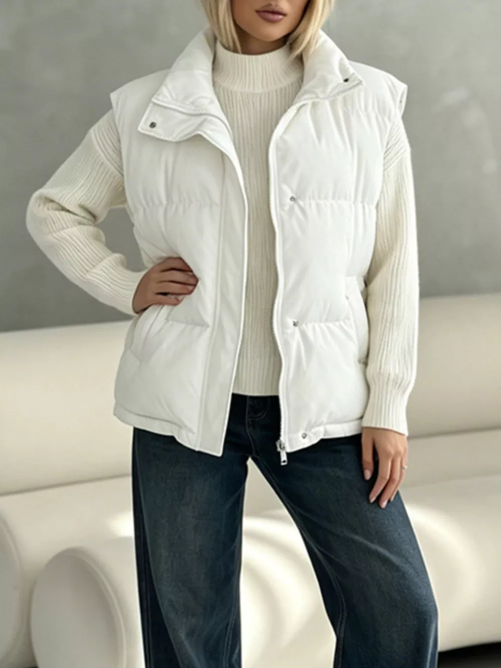 Snap-Button Placket Quilted Puffer Vest Coat, image 17