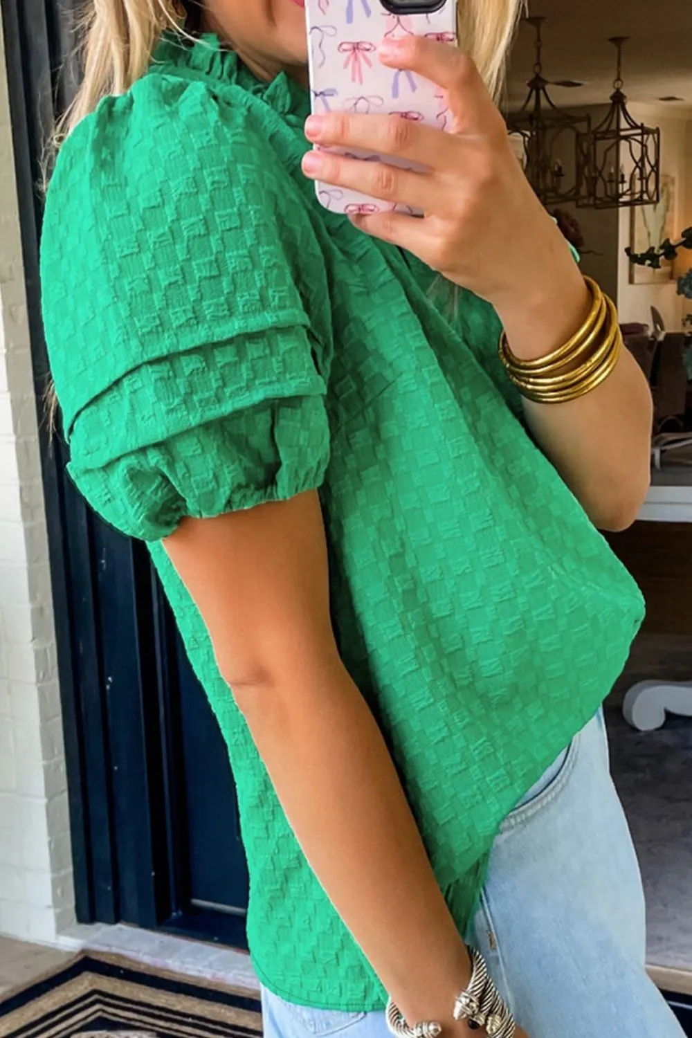 Textured Puff Short Sleeve Notched Top, image 8