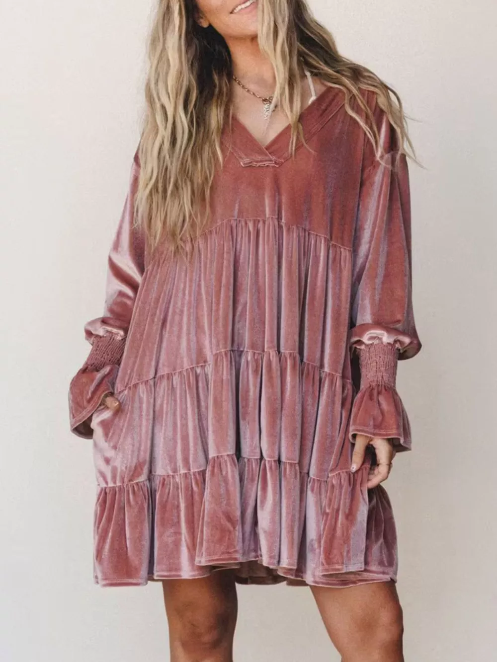 Velvet Tiered Mini Dress with Balloon Sleeves, image 2