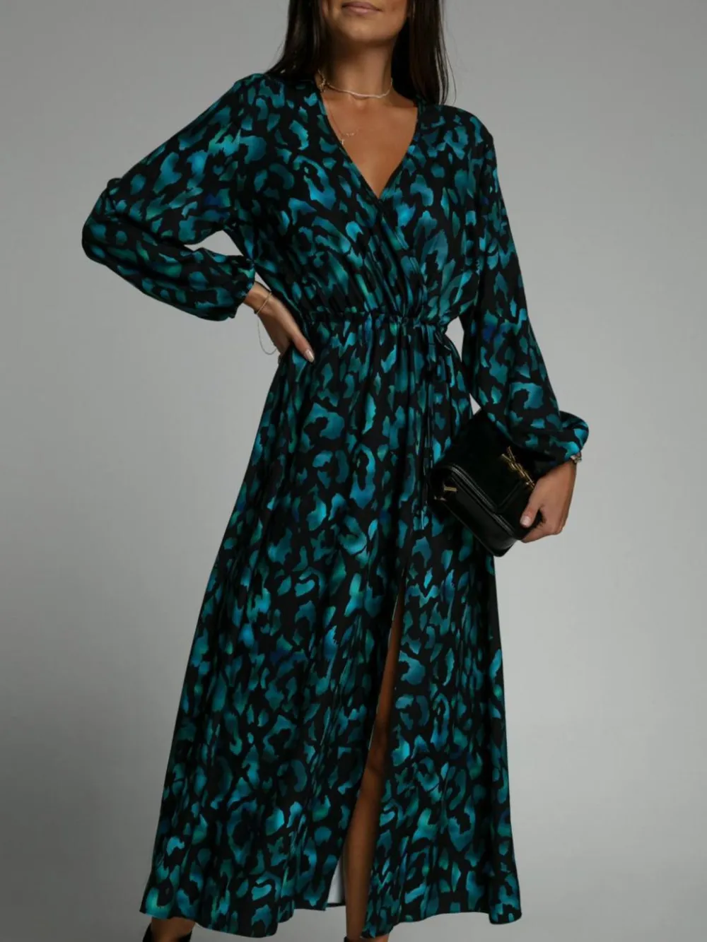 Printed Surplice Long Sleeve Midi Dress, image 2