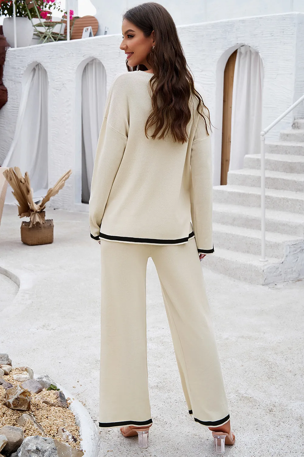 Contrast Trim Round Neck Top and Pants Set, image 3