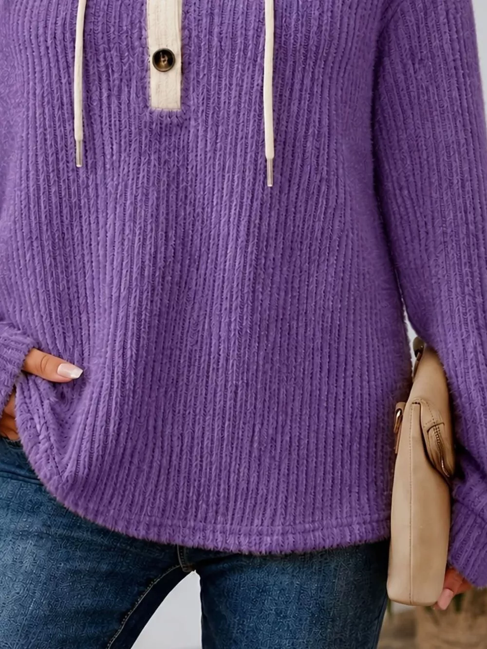Full Size Drawstring Button Detail Hooded Sweater Plus Size, image 3