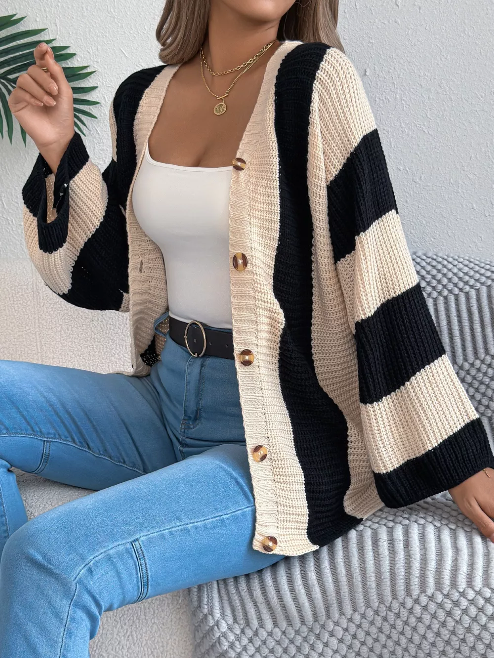 Color Block Button-Up Cardigan