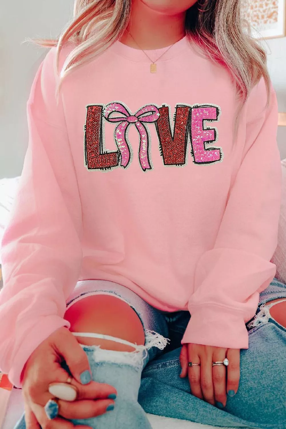 Bow Love Sequin Pattern Valentine Sweatshirt, image 5