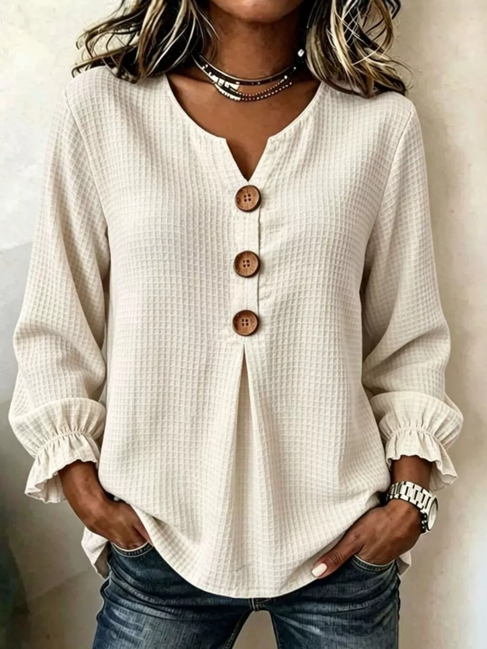 Full Size Waffle Knit Flounce Sleeve Blouse Plus Size, image 4