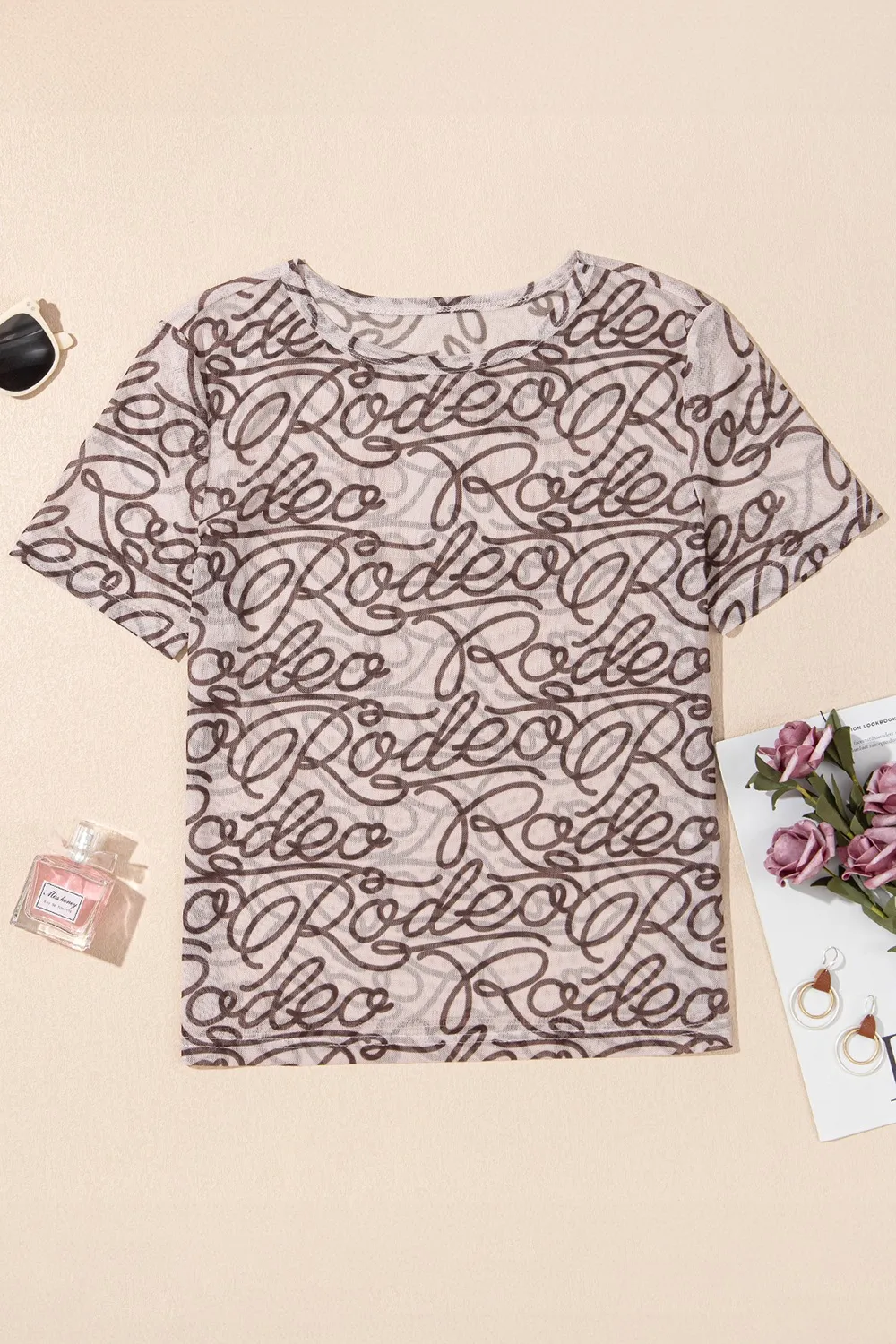 Printed Round Neck Short Sleeve Mesh T-Shirt, image 9