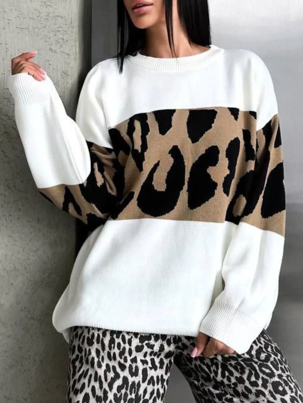 Leopard Color Block Round Neck Sweater, image 5