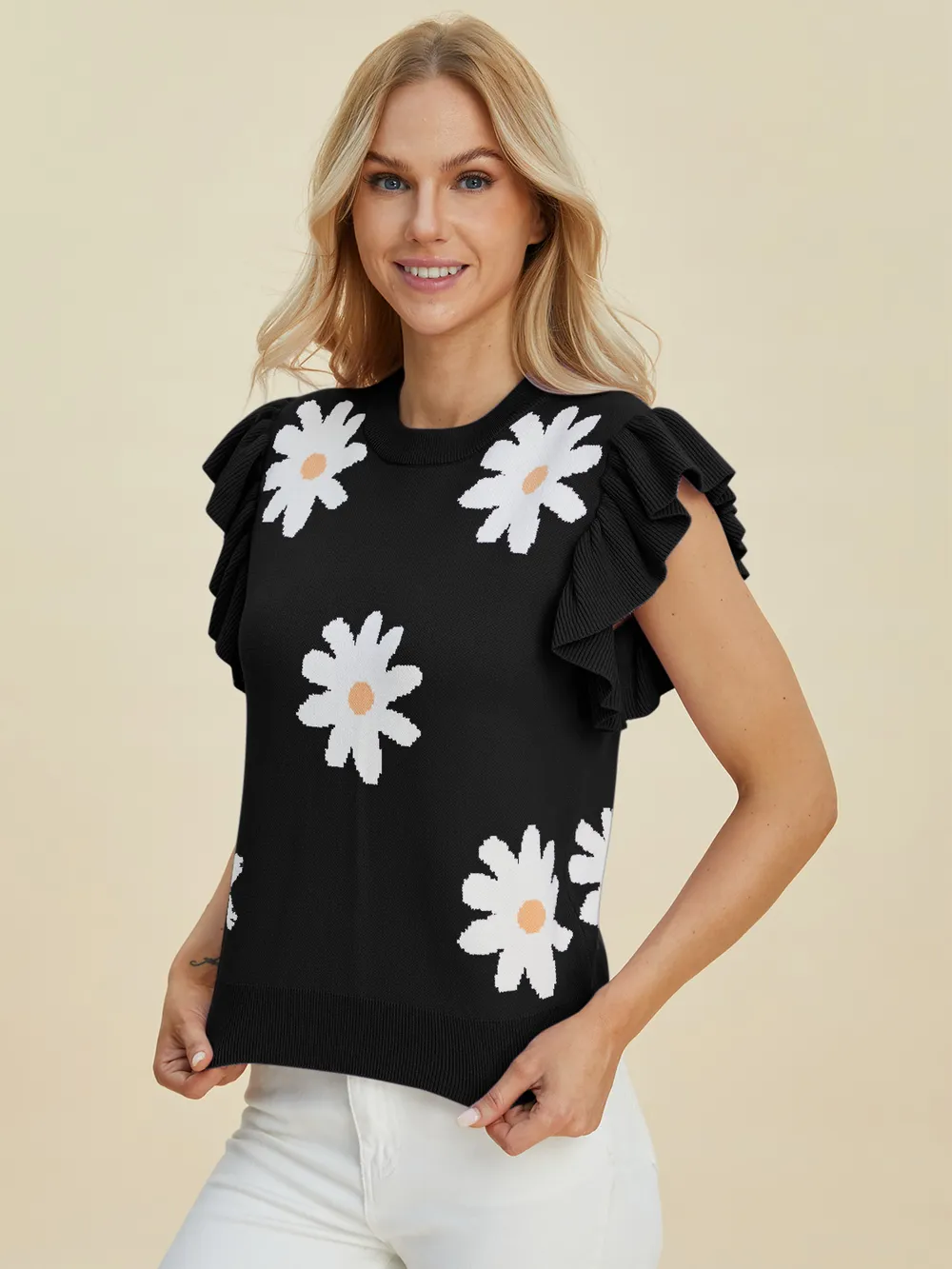 Full Size Ruffled Flower Round Neck Cap Sleeve Sweater, image 7