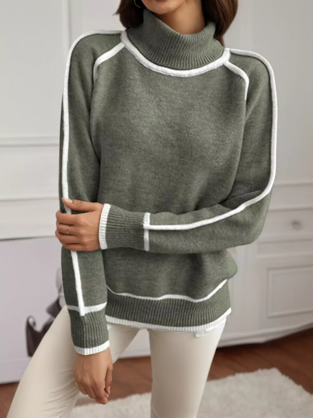 Full Size Turtleneck Contrast Trim Sweater Plus Size, image 6