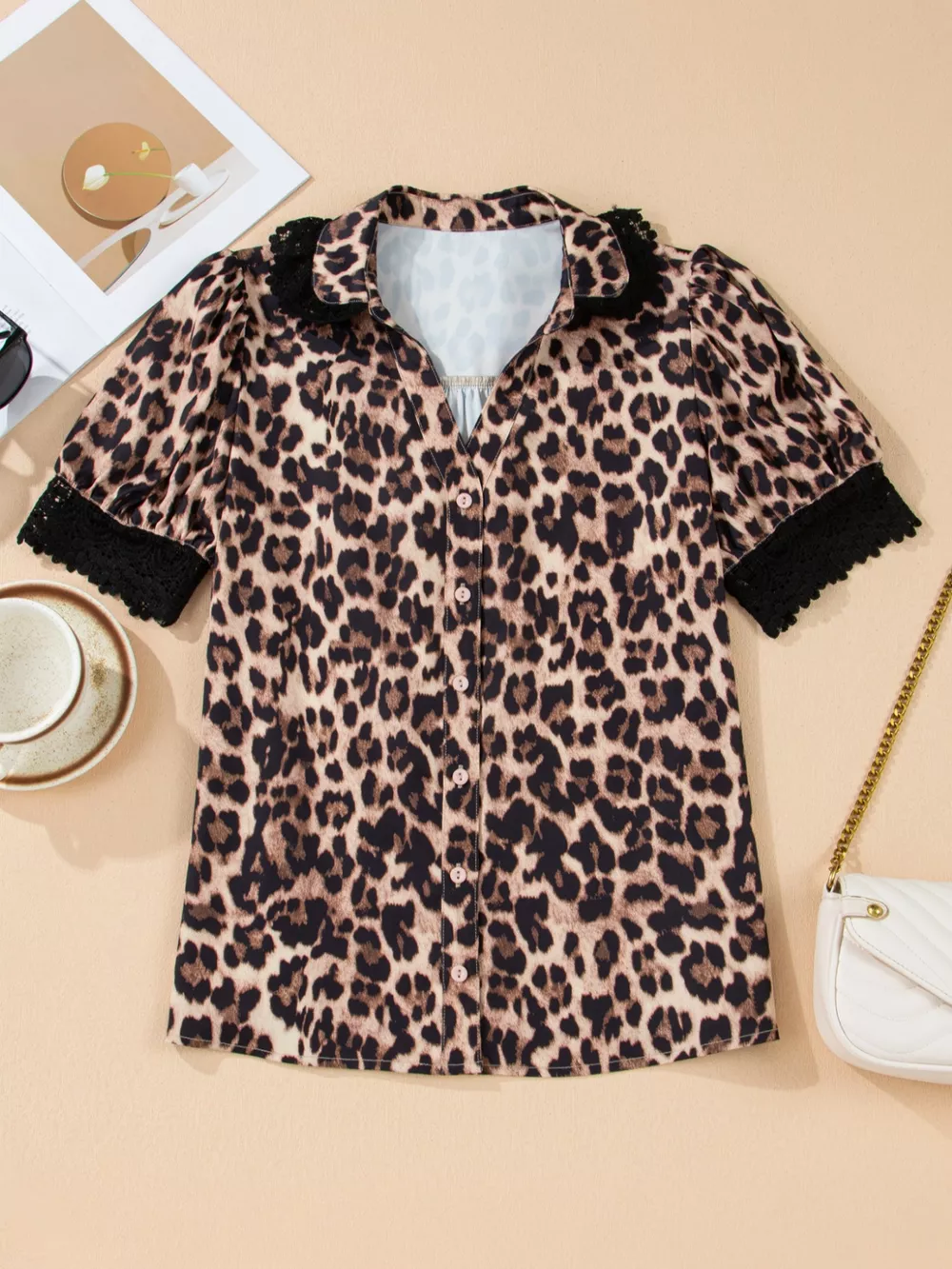 Leopard Print Lace Trim Short Sleeve Shirt, image 6