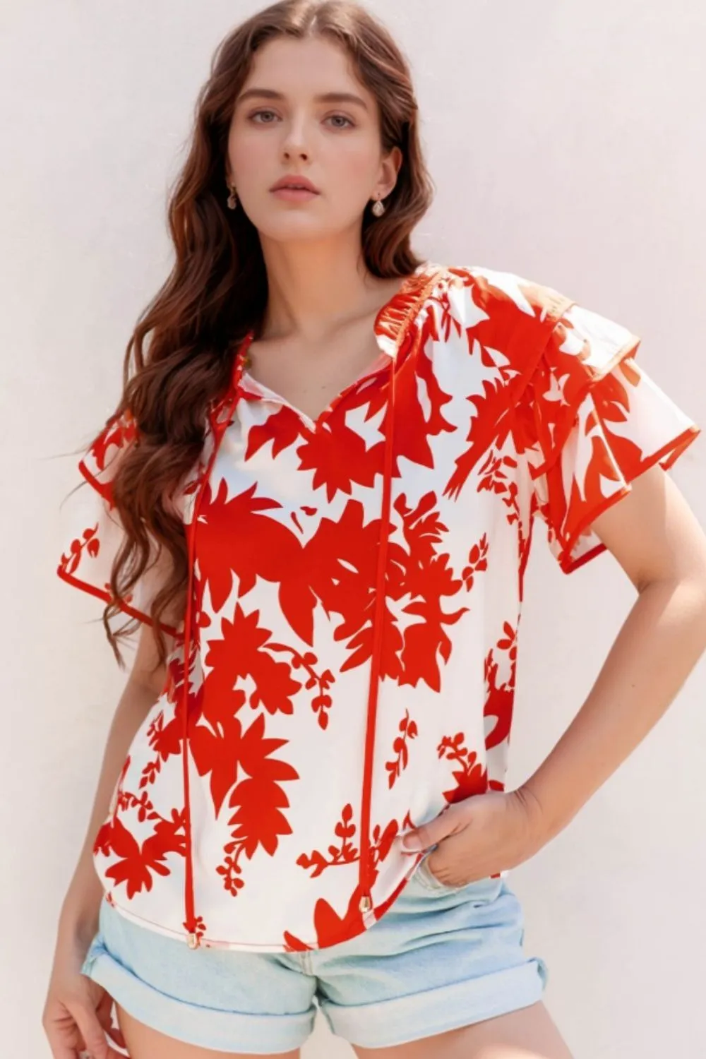 Plant Print Tiered Ruffled Sleeve Tie Neck Blouse