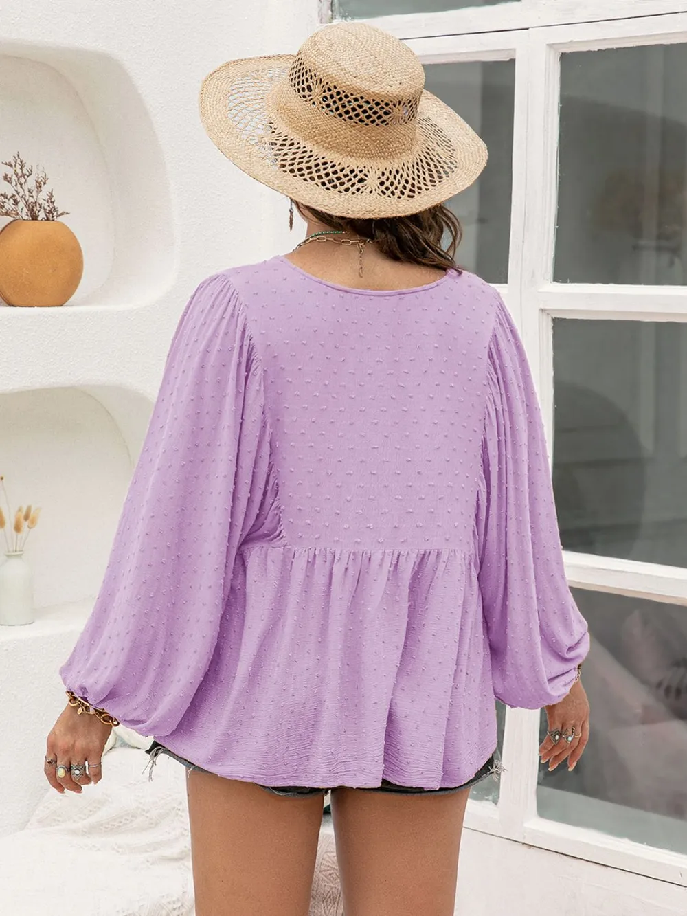 Plus Size Swiss Dot Tie Neck Long Sleeve Blouse, image 5