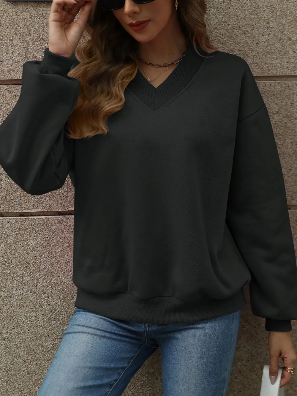V-Neck Long Sleeve Dropped Shoulder Sweatshirt, image 16