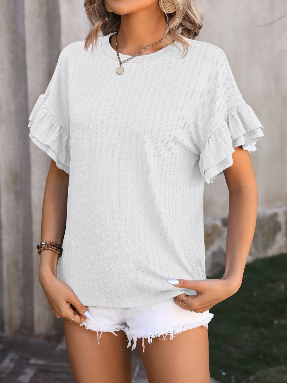 Ruffled Round Neck Short Sleeve Blouse, image 18