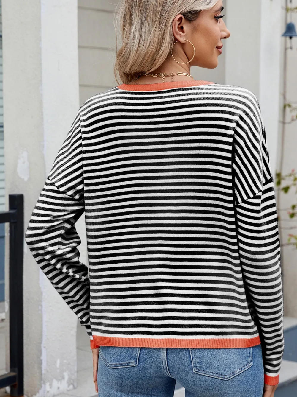 Striped Contrast Round Neck Long Sleeve Sweater, image 26