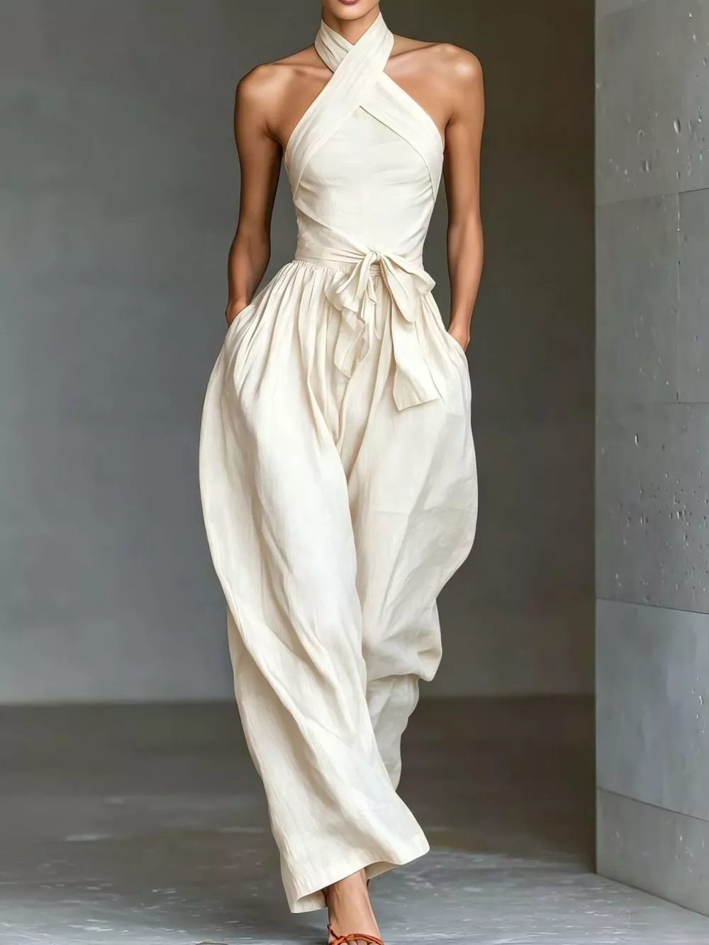 Halter Neck Wide-Leg Jumpsuit with Waist-Tie Detail, image 2