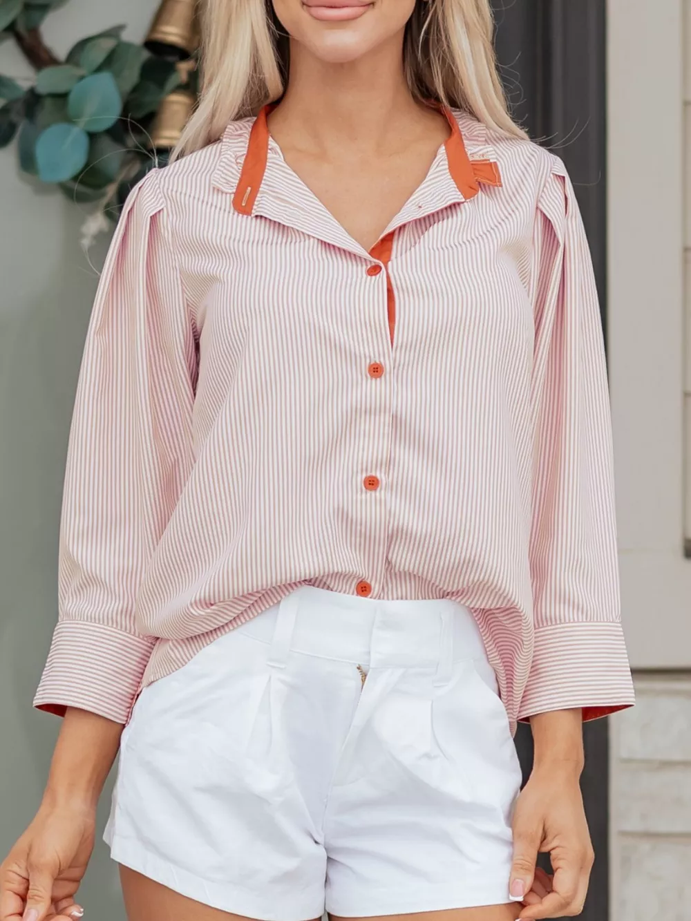 Stripe Color Block Patchwork Detail Frilled Collar Button Down Shirt, image 7