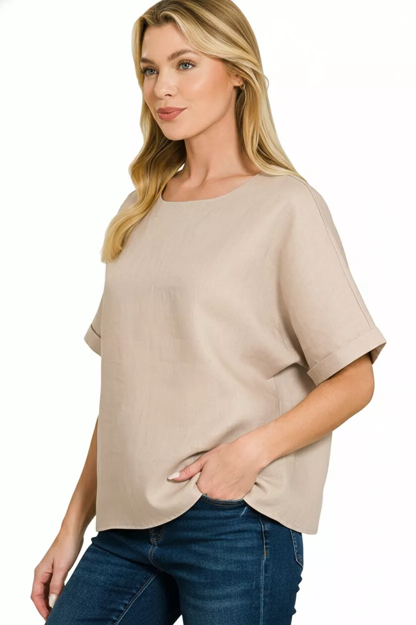Linen Round Neck Cuffed Sleeve Top, image 3