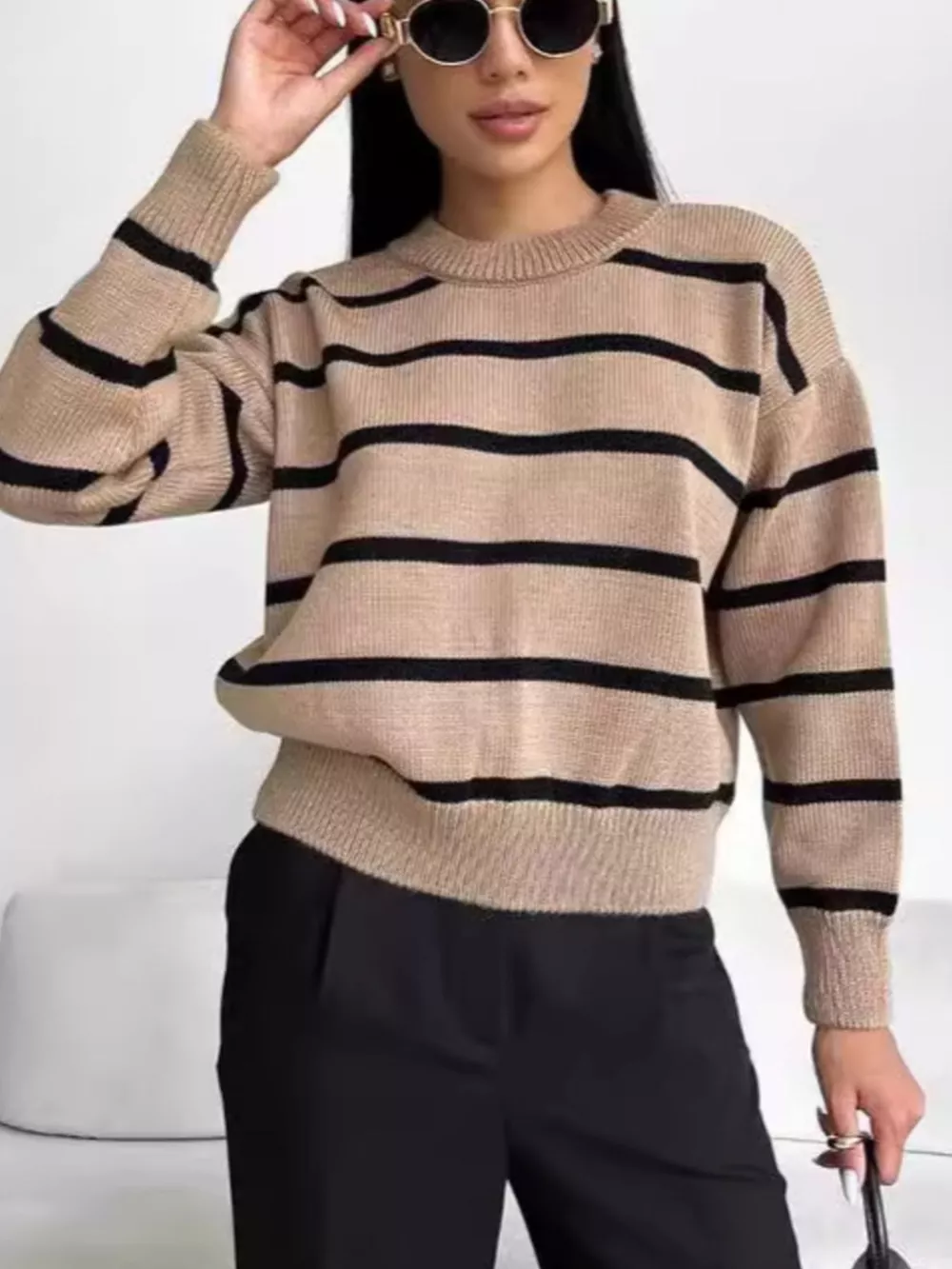 Striped Knit Round Neck Sweater, image 3