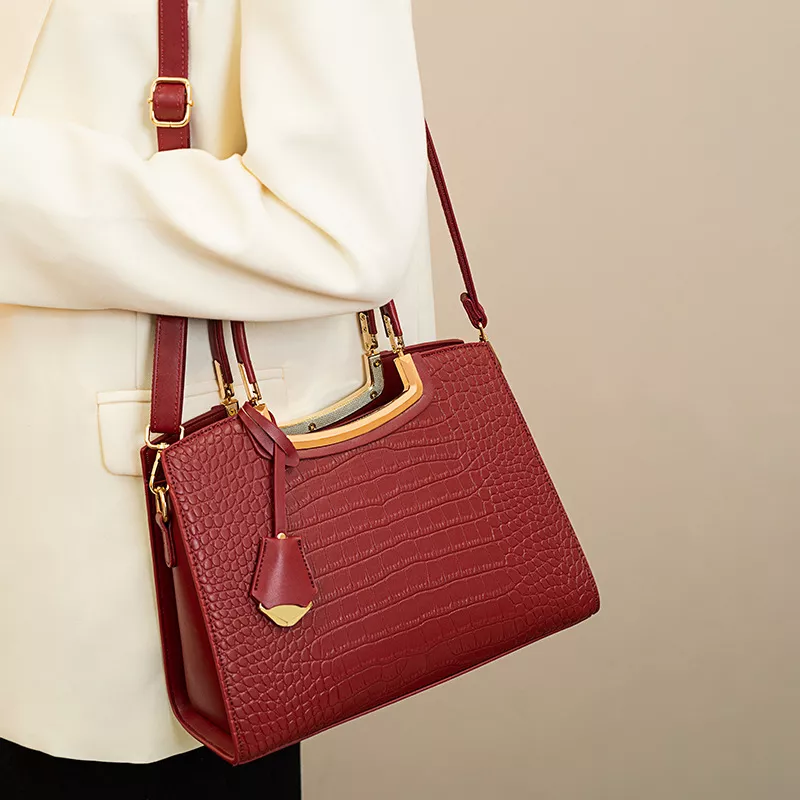 Crocodile Embossed Leather Top Handle Handbag, image 3