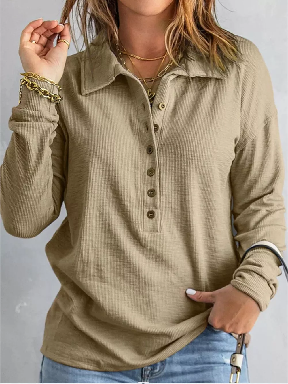 Full Size Button Detail Long Sleeve Top Plus Size, image 12