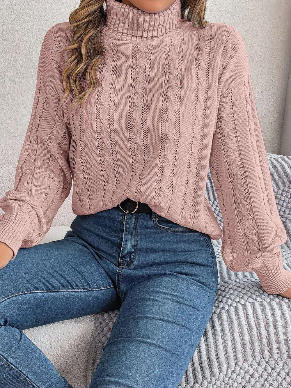 Cable-Knit Turtleneck Dropped Shoulder Sweater, image 4
