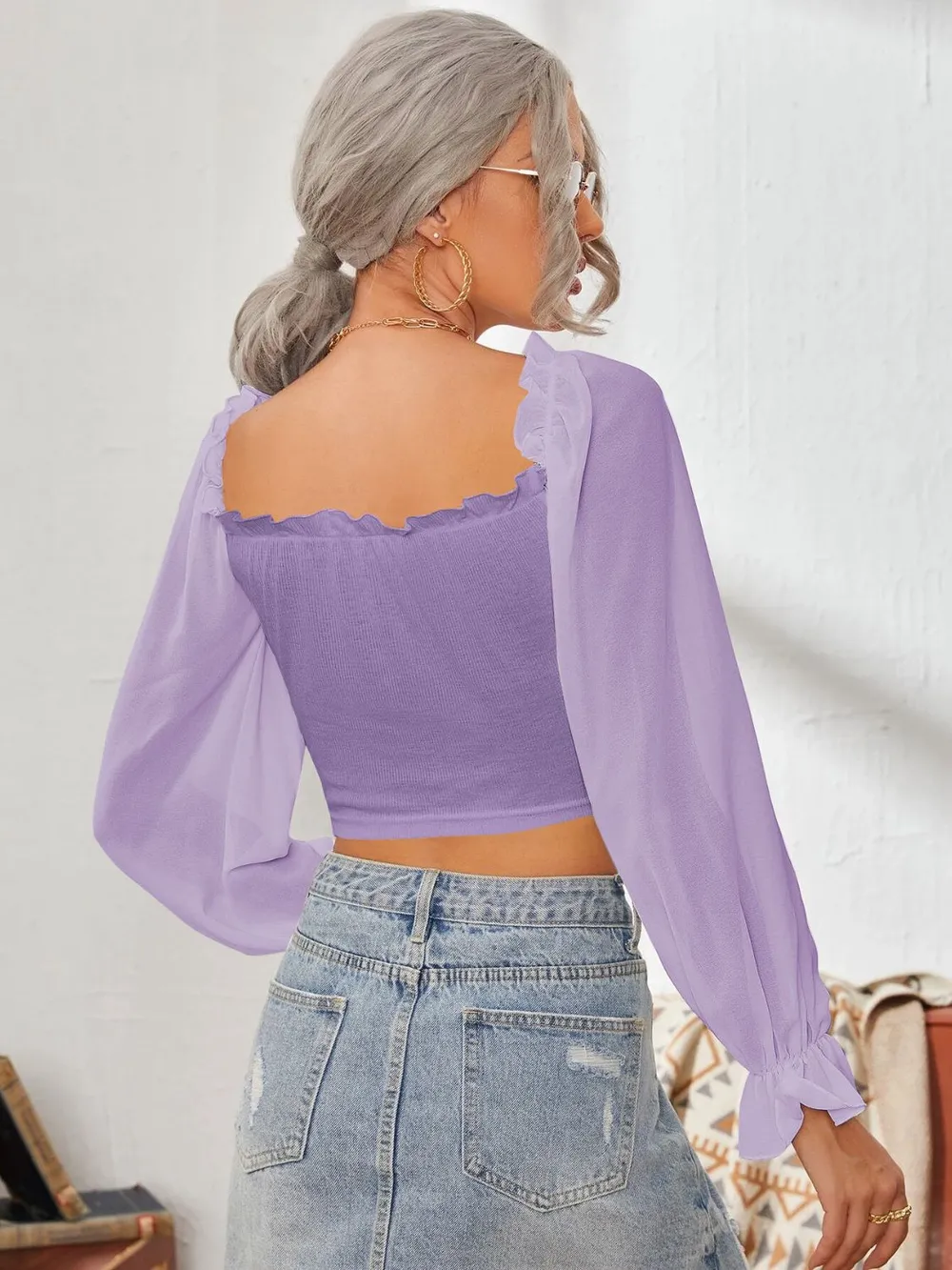 Mesh Sweetheart Neck Flounce Sleeve Top, image 27