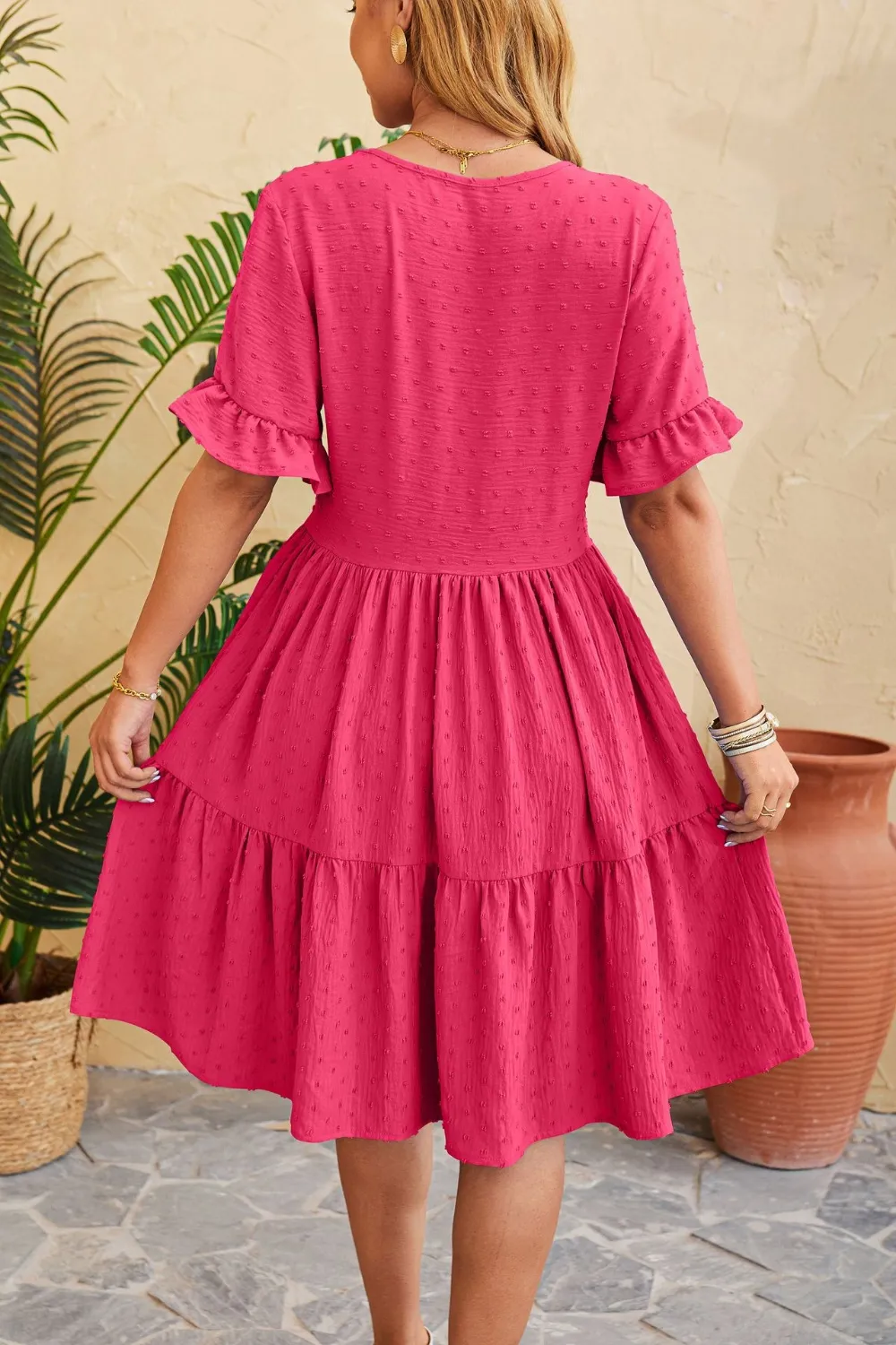 Swiss Dot Ruffled V-Neck Tiered Dress, image 4