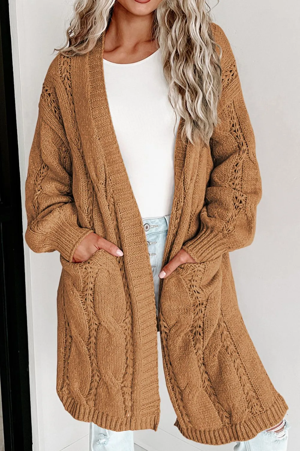 Cable-Knit Dropped Shoulder Slit Cardigan, image 25
